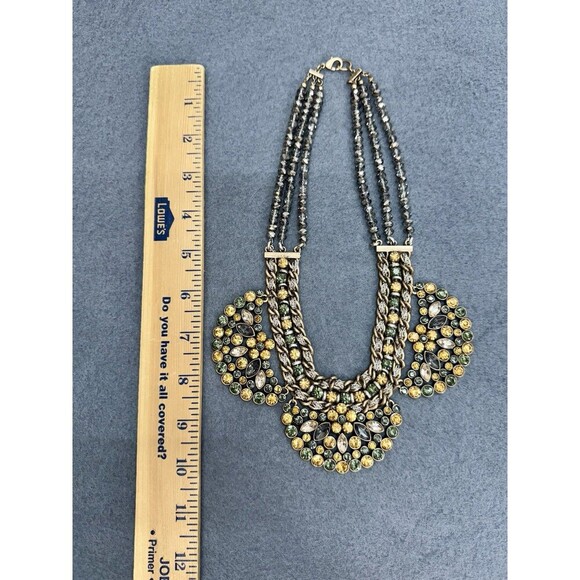 Vintage Statement Rhinestone Collar Necklace Citrine Green Costume 3 Strand Bead - Picture 7 of 9